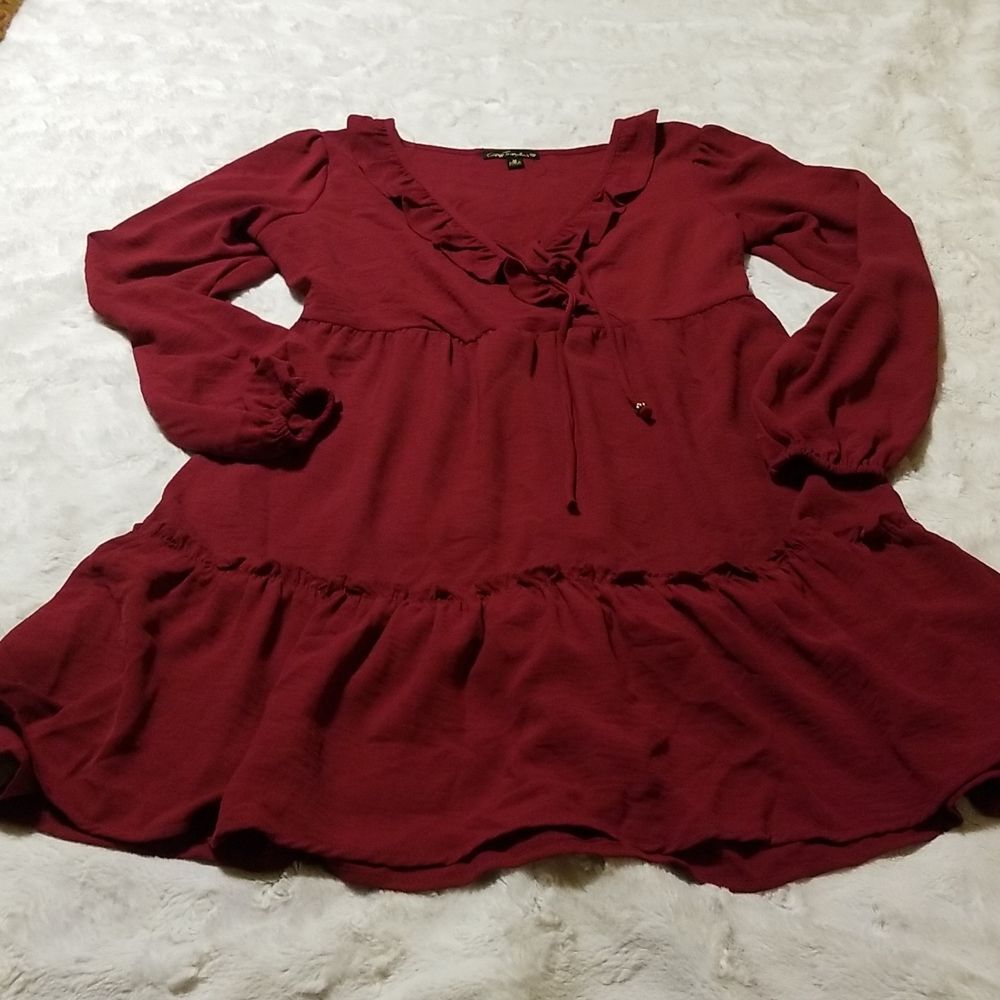 City Triangles Dress Women Medium Burgundy Wine Ruffle Faux Wrap Y2k